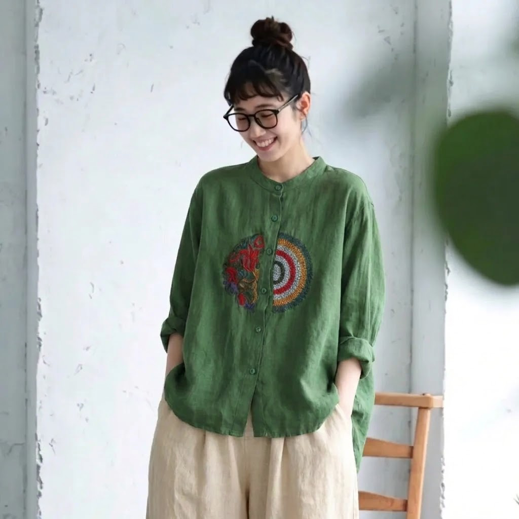 M～4XL 長袖 ボタン 刺繍 シャツ