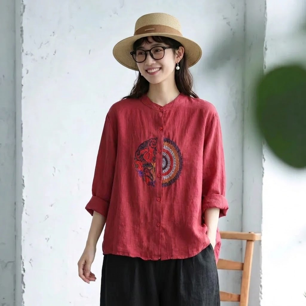 M～4XL 長袖 ボタン 刺繍 シャツ