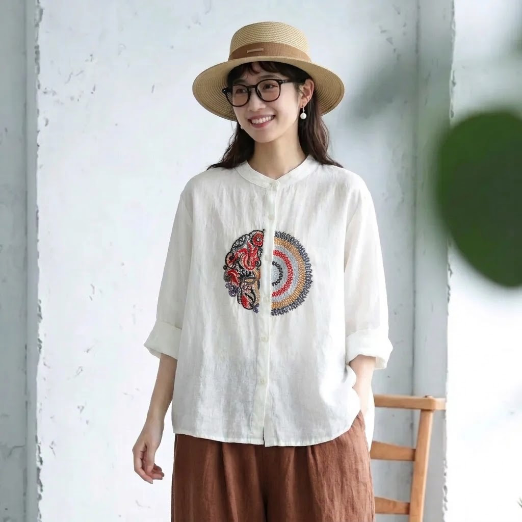 M～4XL 長袖 ボタン 刺繍 シャツ