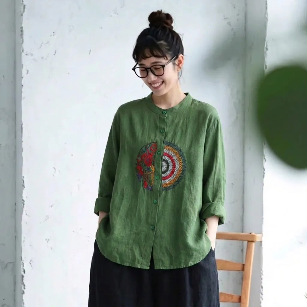 M～4XL 長袖 ボタン 刺繍 シャツ