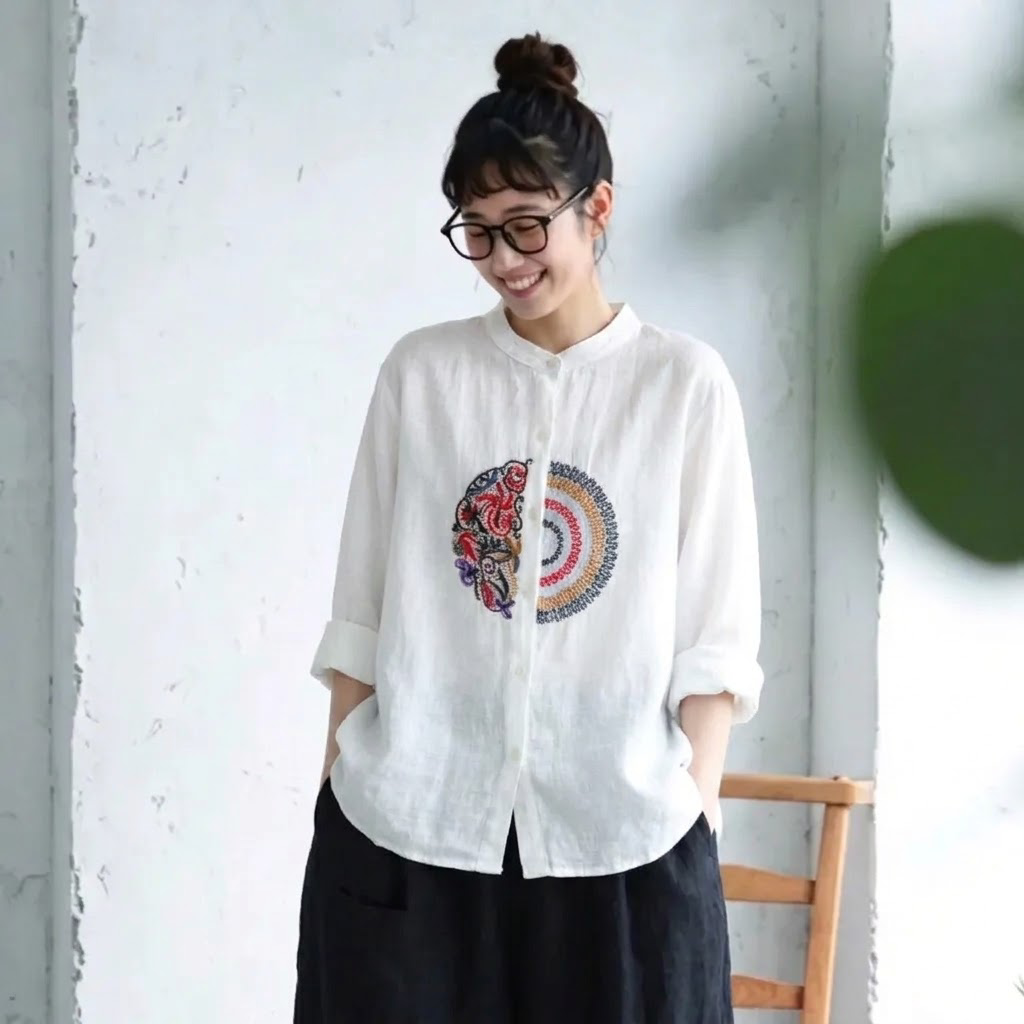 M～4XL 長袖 ボタン 刺繍 シャツ