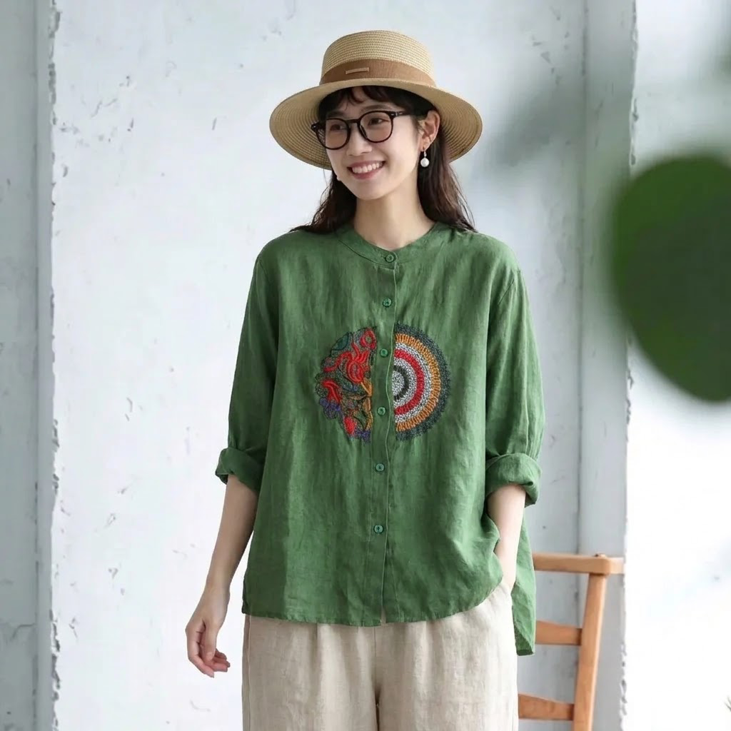 M～4XL 長袖 ボタン 刺繍 シャツ