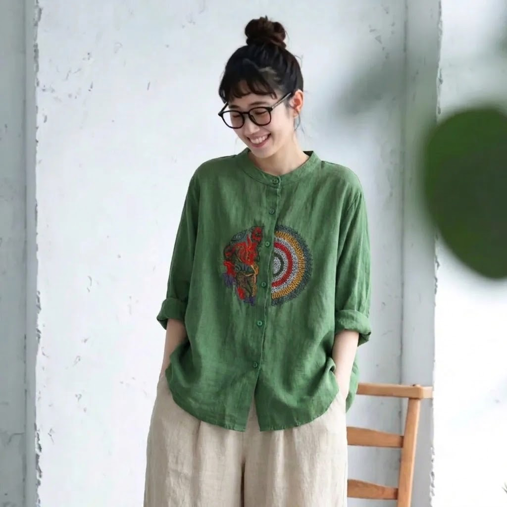 M～4XL 長袖 ボタン 刺繍 シャツ