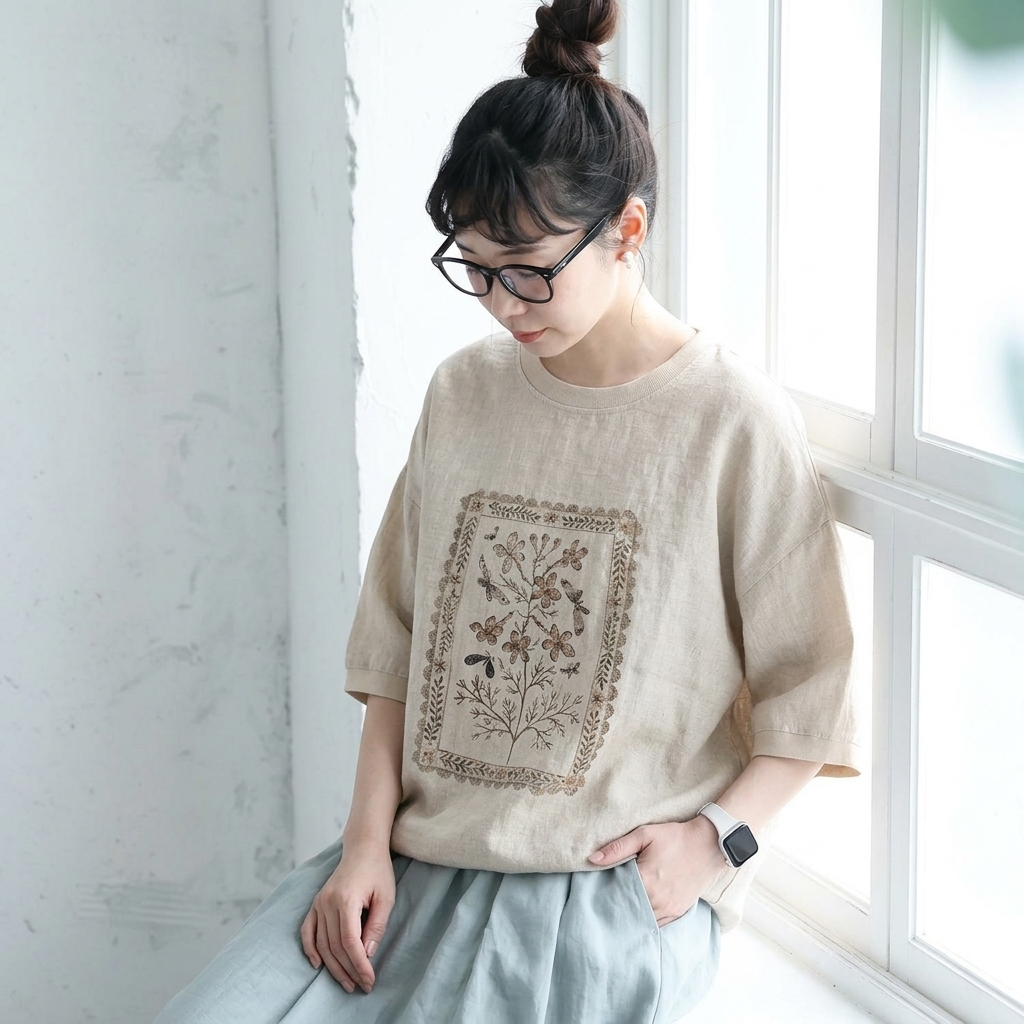 リネンコットン 夏のモチーフ柄 ラウンドネック ワイドフィット 毎日着たい シャツ