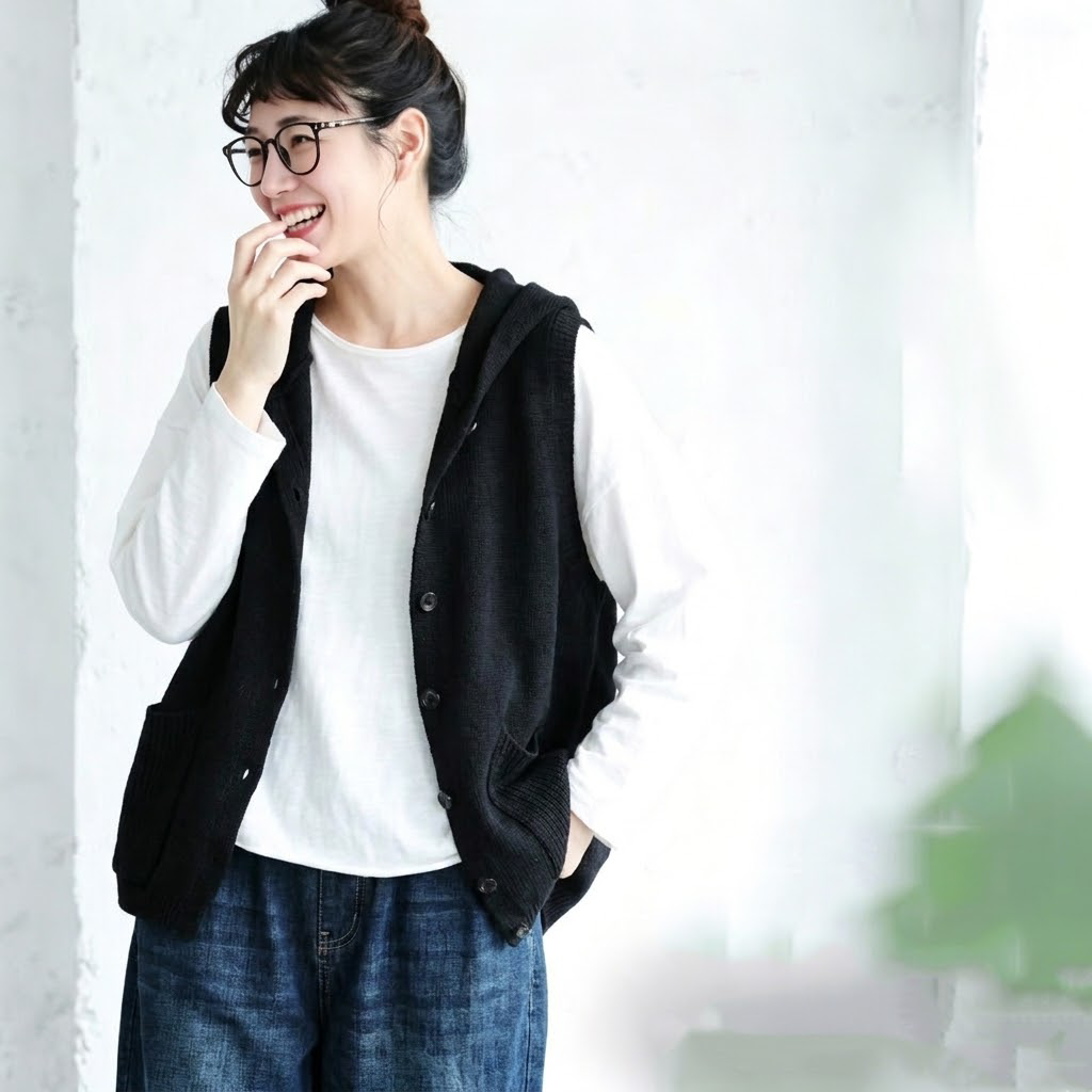 無地 フード付き ビッグシルエット ベスト