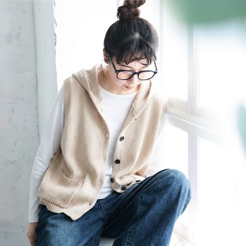 無地 フード付き ビッグシルエット ベスト