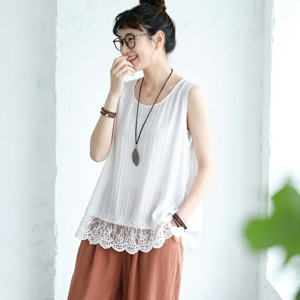 M～4XL 綿麻 無地 ラウンドネック レース タンクトップ