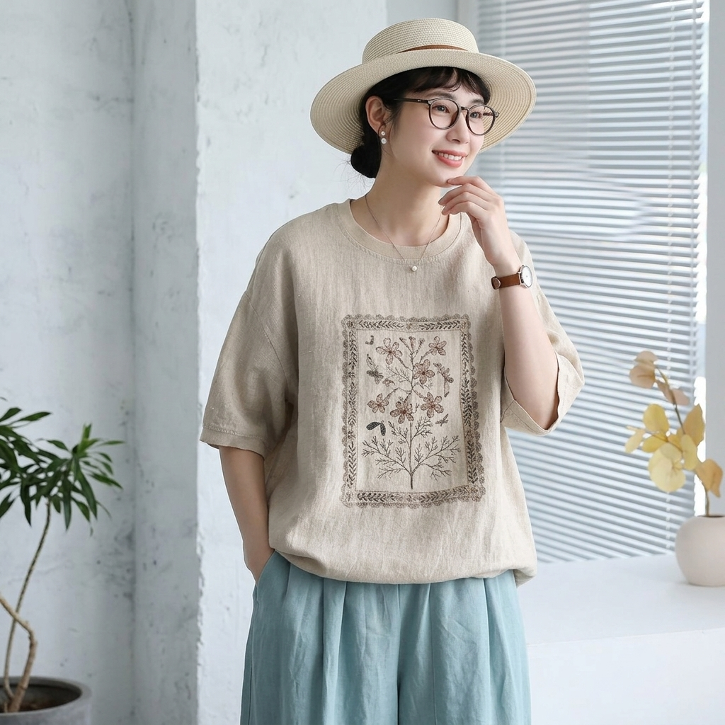 リネンコットン 夏のモチーフ柄 ラウンドネック ワイドフィット 毎日着たい シャツ
