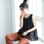 M～4XL 綿麻 無地 ラウンドネック レース タンクトップ