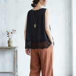 M～4XL 綿麻 無地 ラウンドネック レース タンクトップ