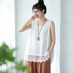 M～4XL 綿麻 無地 ラウンドネック レース タンクトップ