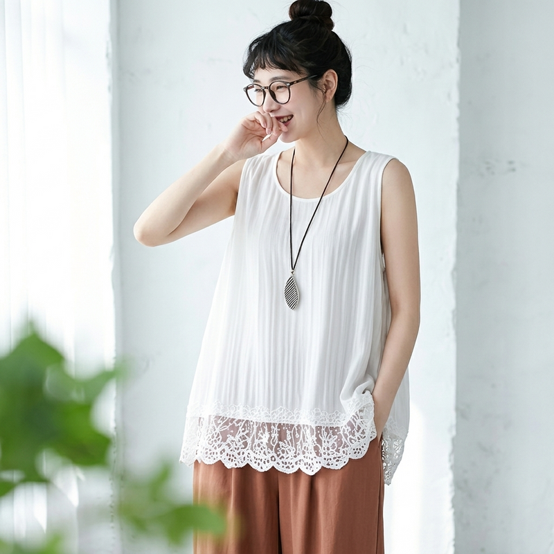 M～4XL 綿麻 無地 ラウンドネック レース タンクトップ