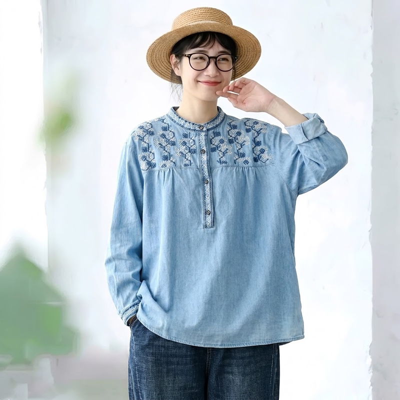 コットン 花模様 ラウンドネック 刺繍 長袖 シャツ
