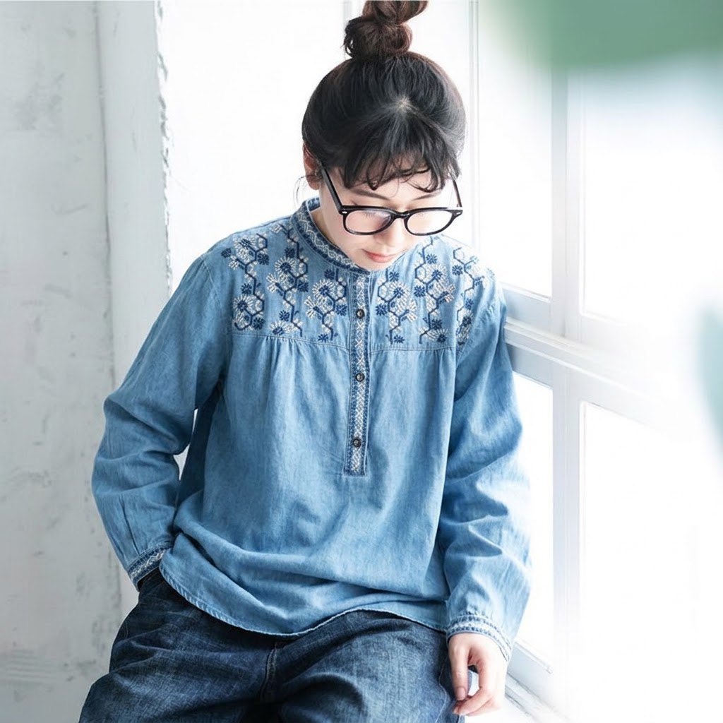 コットン 花模様 ラウンドネック 刺繍 長袖 シャツ