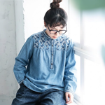 コットン 花模様 ラウンドネック 刺繍 長袖 シャツ