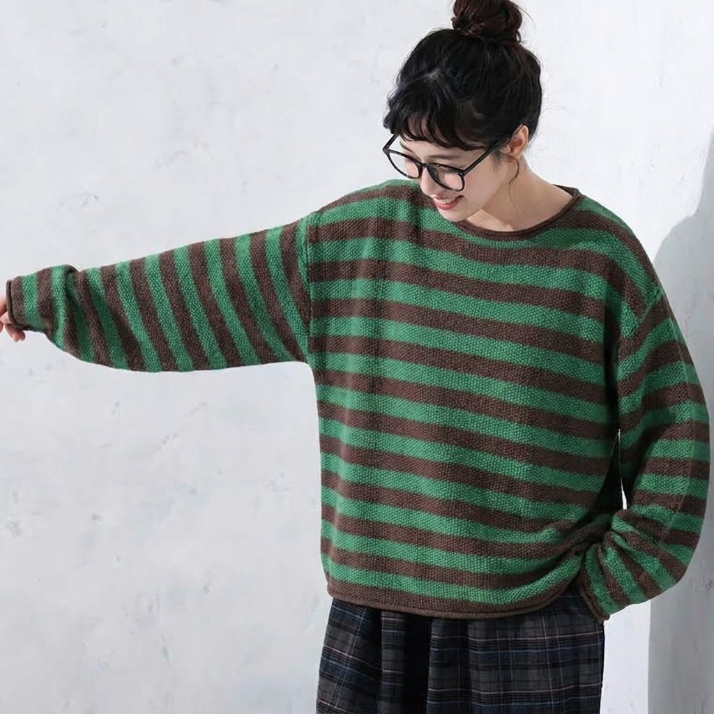 S～4XL ボーダー 長袖 ラウンドネック 配色 ニットセーター