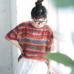 リネン プリント ラウンドネック ボーダー 五分袖 Tシャツ