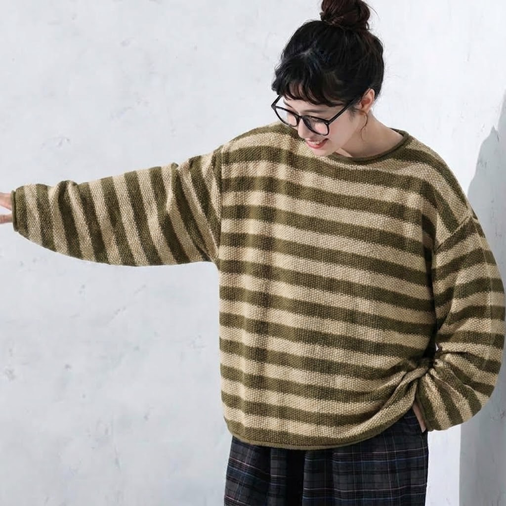 S～4XL ボーダー 長袖 ラウンドネック 配色 ニットセーター