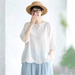 リネン 涼しい 五分袖 ラウンドネック 刺繍 シャツ