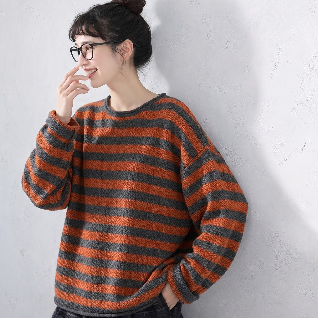 S～4XL ボーダー 長袖 ラウンドネック 配色 ニットセーター