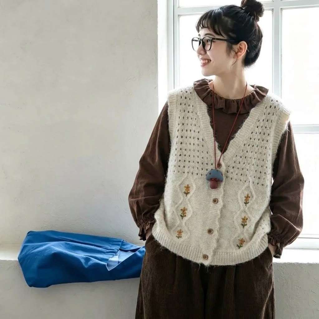 2色展開｜花刺繍 ノースリーブニットベスト