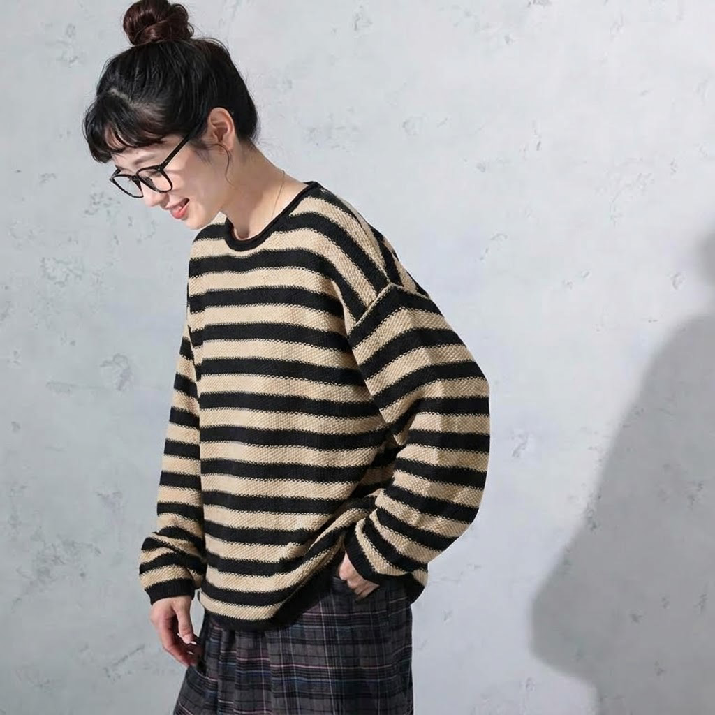 S～4XL ボーダー 長袖 ラウンドネック 配色 ニットセーター