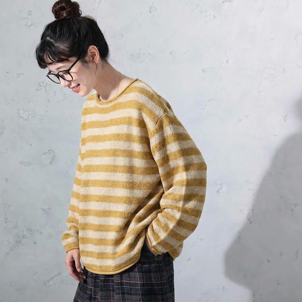 S～4XL ボーダー 長袖 ラウンドネック 配色 ニットセーター
