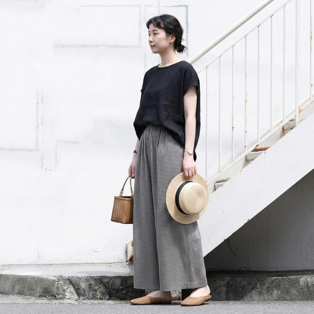 ウエストゴムチェックパンツ｜美術館・写真展鑑