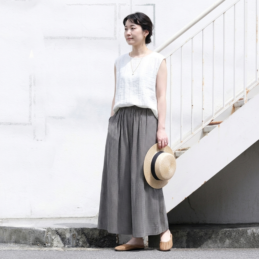 ウエストゴムチェックパンツ｜美術館・写真展鑑