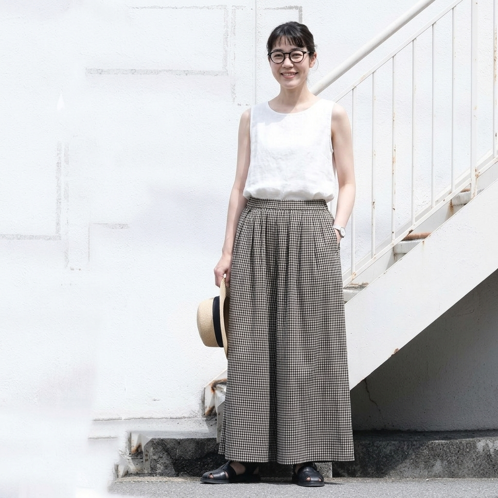 ウエストゴムチェックパンツ｜美術館・写真展鑑