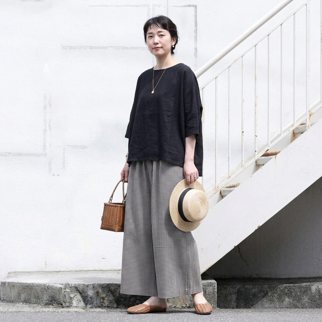 ウエストゴムチェックパンツ｜美術館・写真展鑑