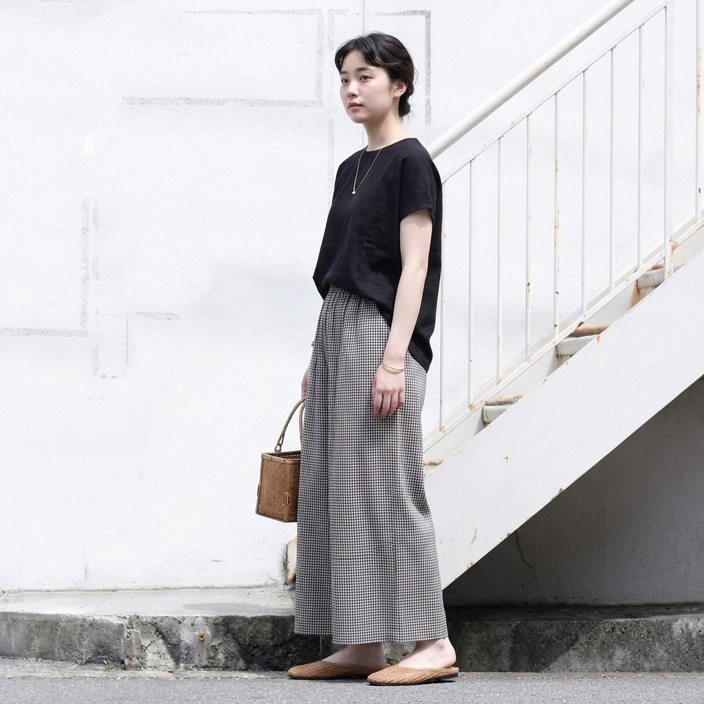 ウエストゴムチェックパンツ｜美術館・写真展鑑
