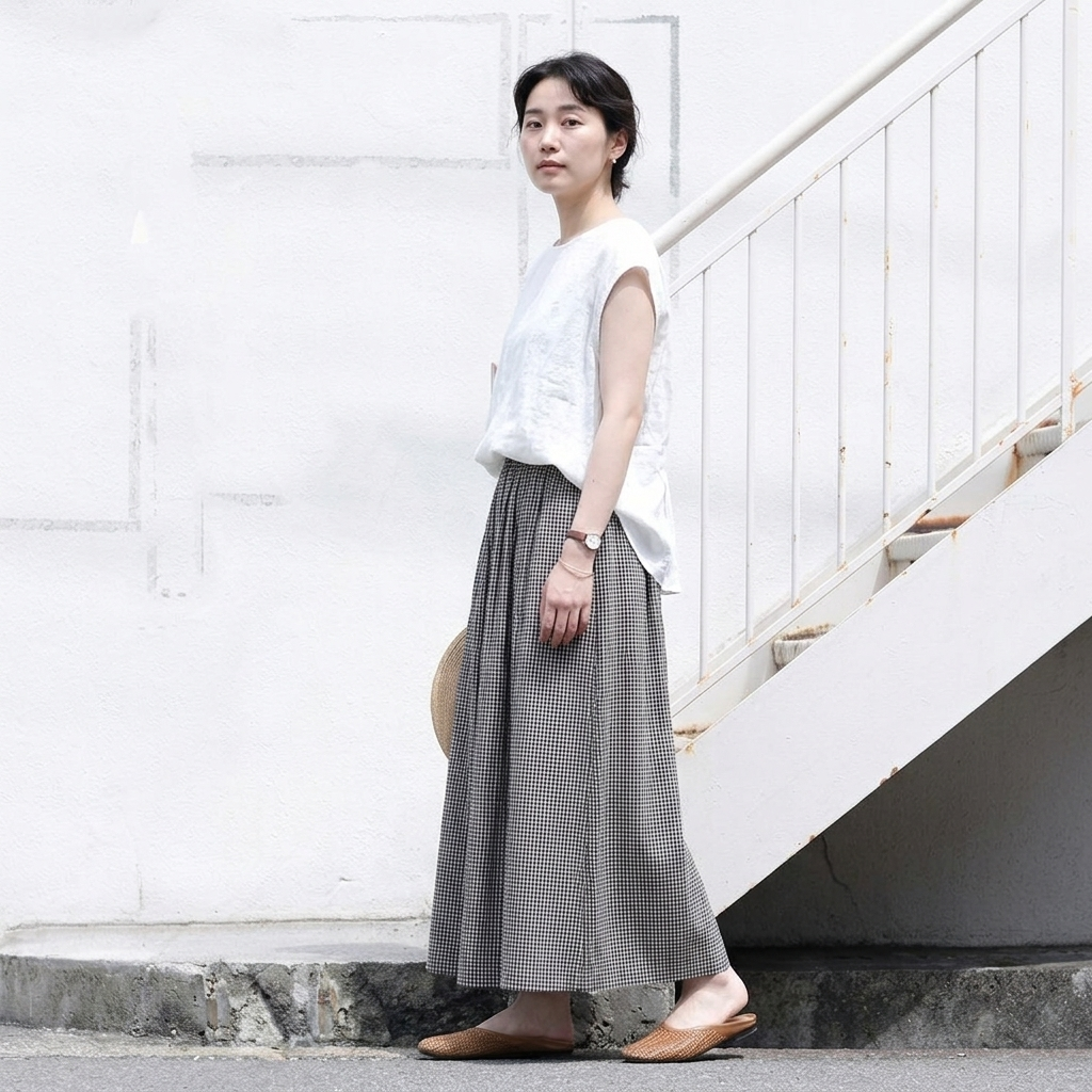ウエストゴムチェックパンツ｜美術館・写真展鑑