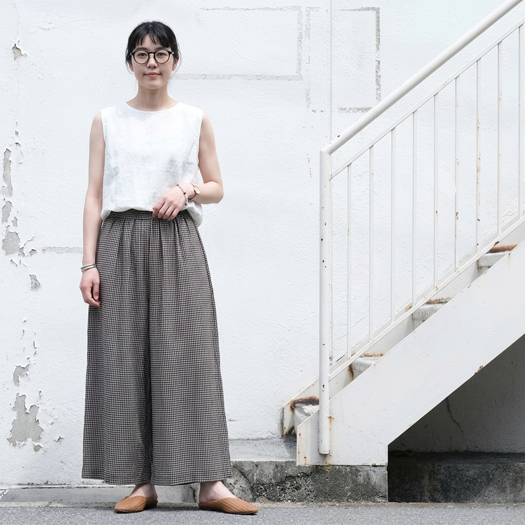 ウエストゴムチェックパンツ｜美術館・写真展鑑