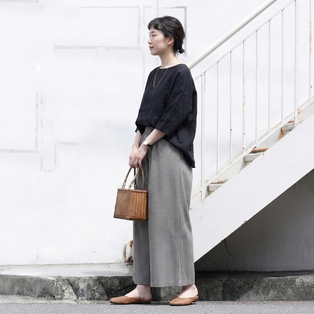 ウエストゴムチェックパンツ｜美術館・写真展鑑