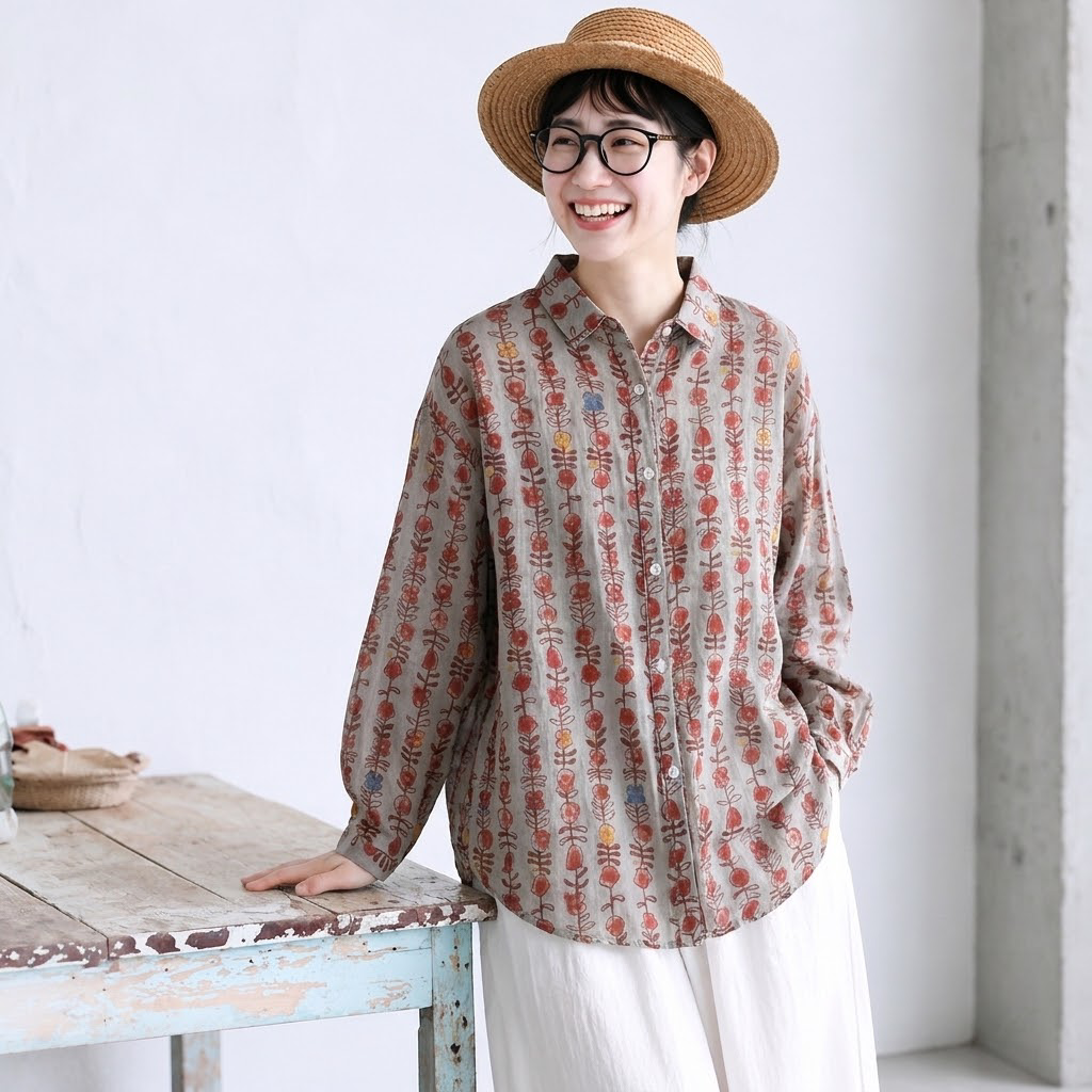 綿麻 ストライプ柄 花模様 レトロ シャツ