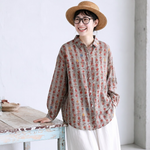 綿麻 ストライプ柄 花模様 レトロ シャツ
