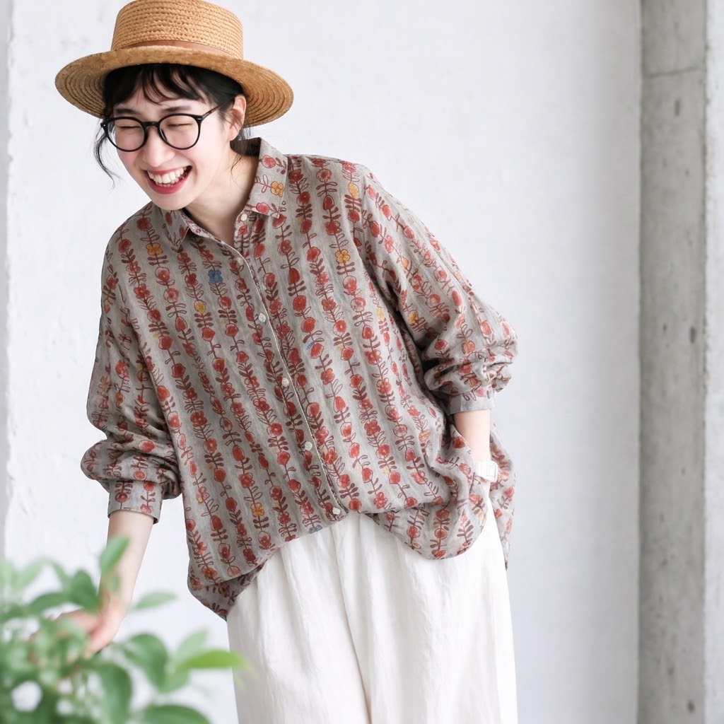 綿麻 ストライプ柄 花模様 レトロ シャツ