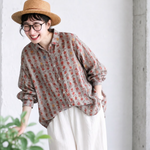綿麻 ストライプ柄 花模様 レトロ シャツ