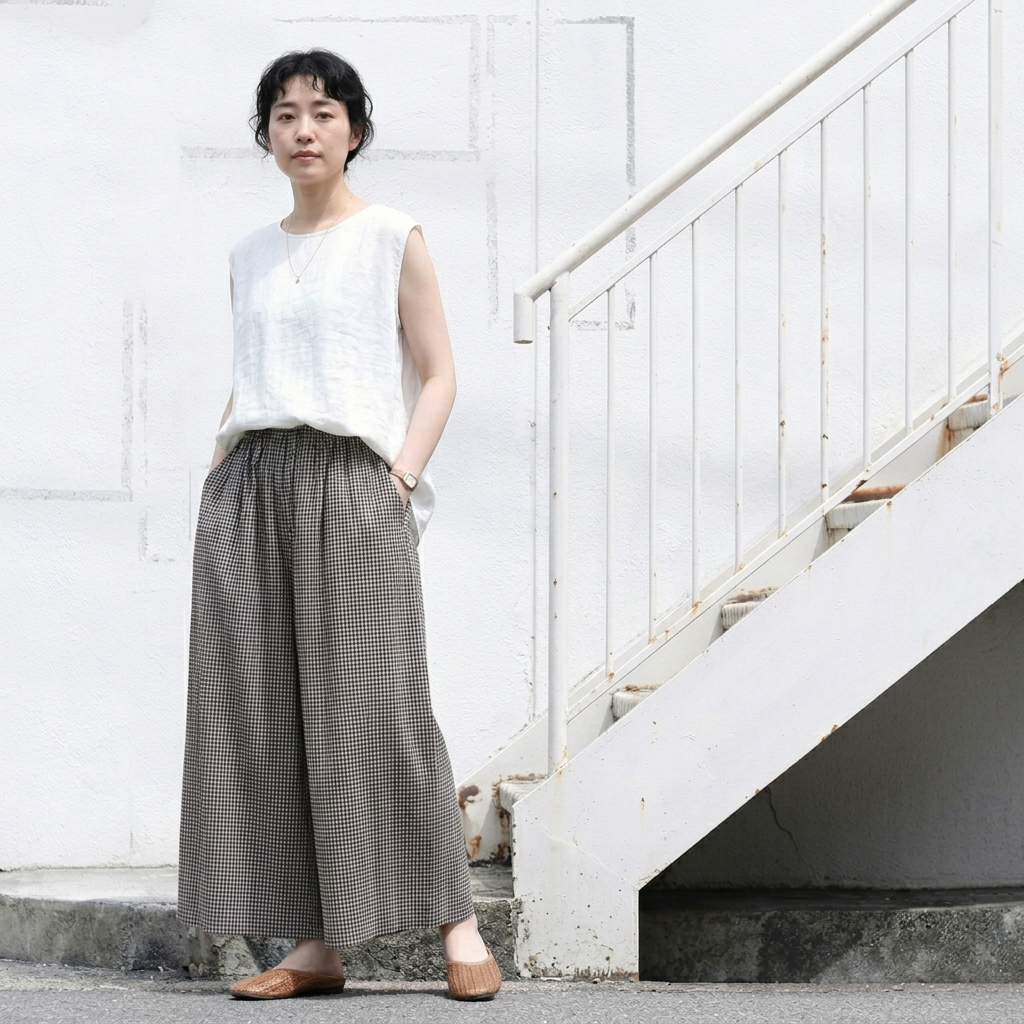 ウエストゴムチェックパンツ｜美術館・写真展鑑