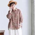 綿麻 ストライプ柄 花模様 レトロ シャツ