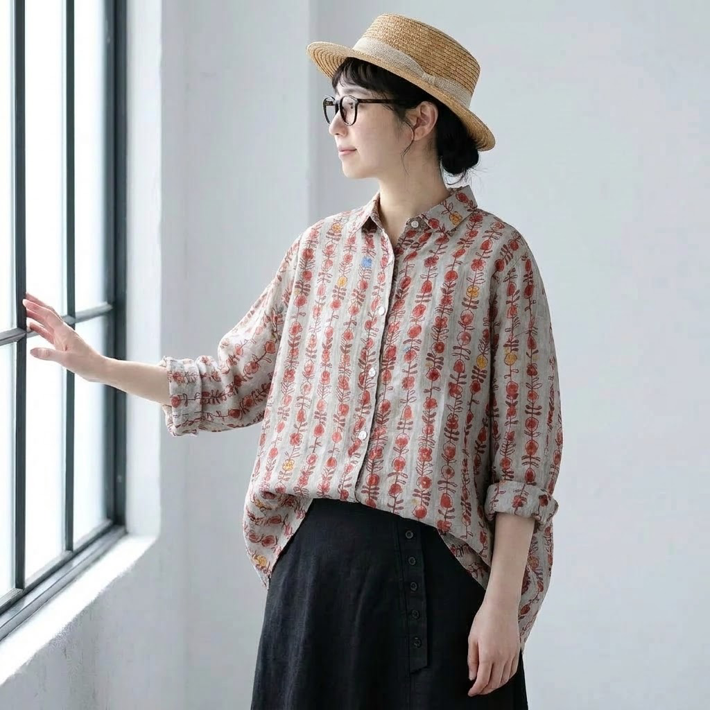 綿麻 ストライプ柄 花模様 レトロ シャツ