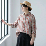 綿麻 ストライプ柄 花模様 レトロ シャツ
