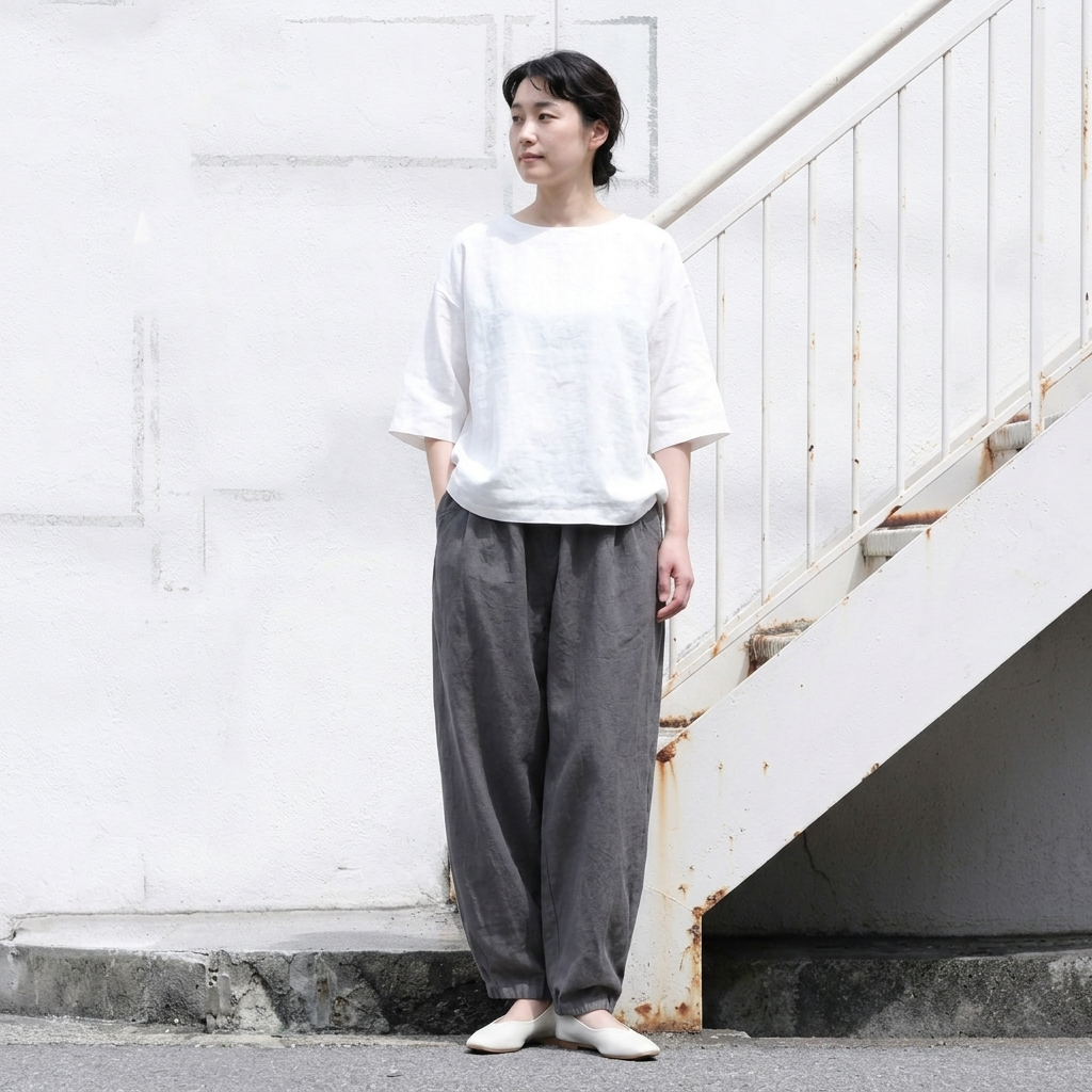 綿麻 ハイウエストワイドテーパードパンツ