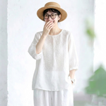 綿麻 刺繍 ラウンドネック 花模様 五分袖 Tシャツ