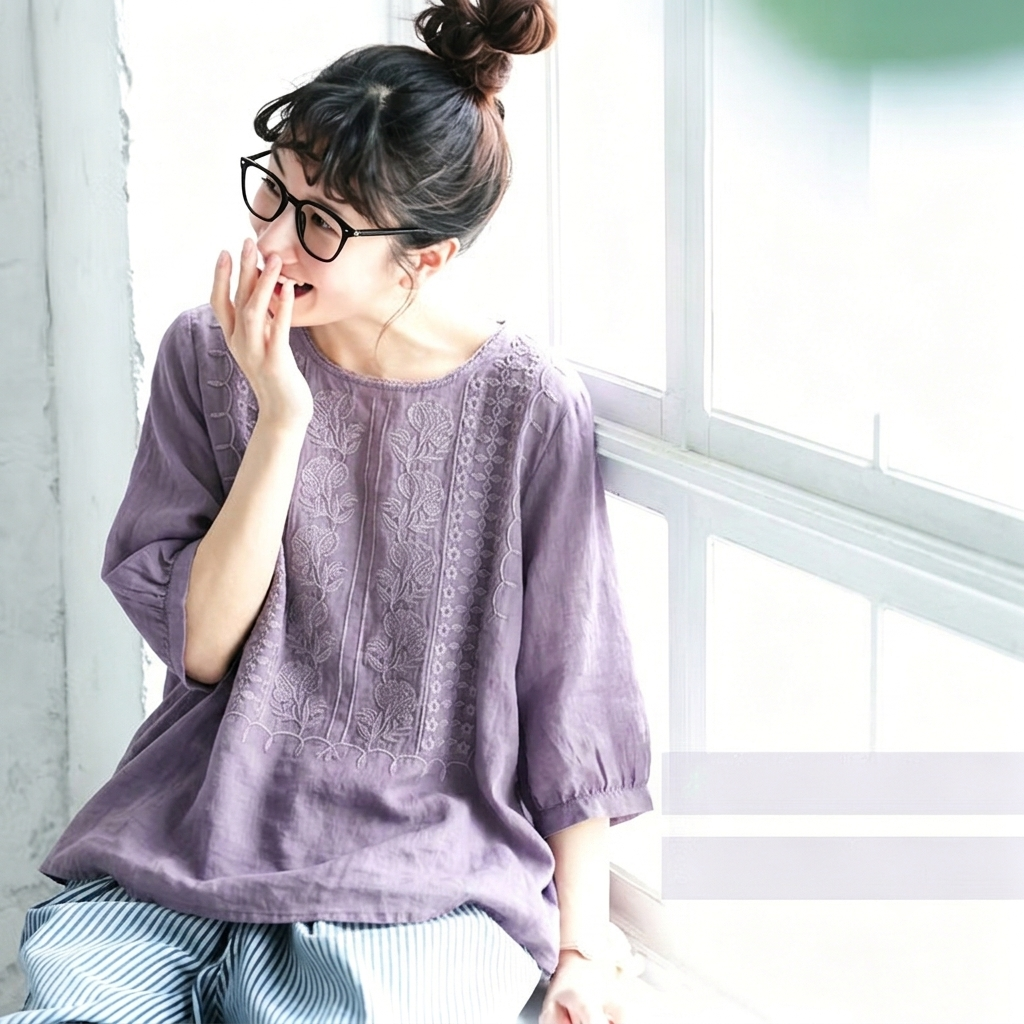綿麻 刺繍 ラウンドネック 花模様 五分袖 Tシャツ