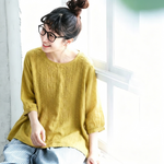 綿麻 刺繍 ラウンドネック 花模様 五分袖 Tシャツ