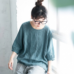 綿麻 刺繍 ラウンドネック 花模様 五分袖 Tシャツ