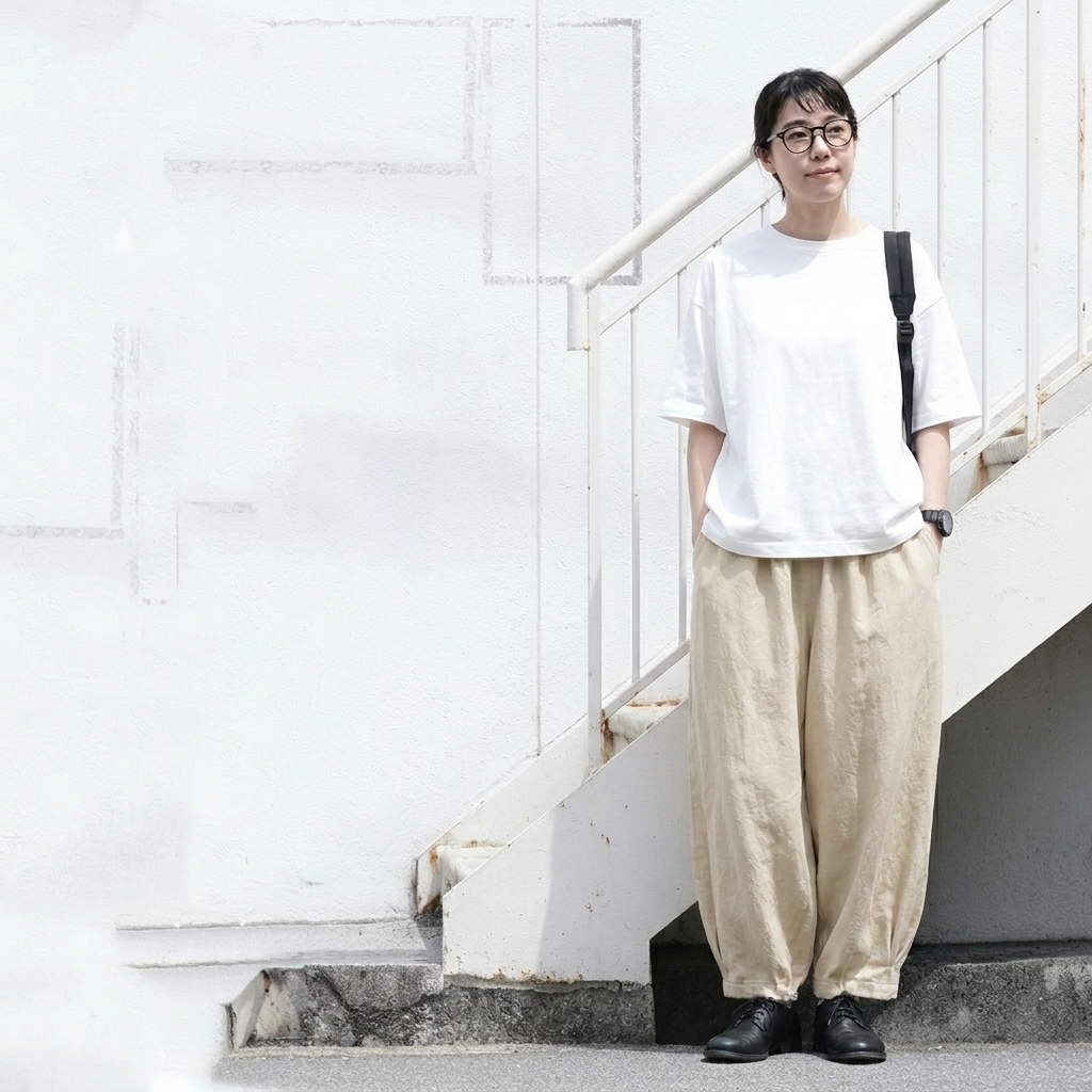 綿麻 ハイウエストワイドテーパードパンツ