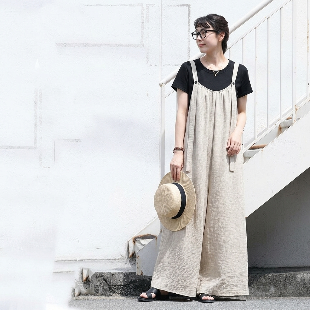 綿麻 ワイドシルエット サロペット M-4XL